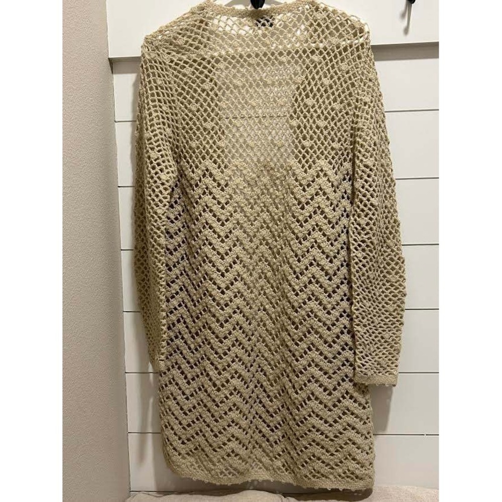 Vintage Baar & Beards Hand Crocheted Cardigan Beige Longline Duster Open Knit M